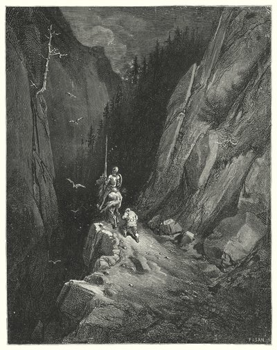 Gustave Doren Don Quijote: "Don Quijote kuljetettiin ilolla löytääkseen itsensä sieltä, missä hän saattoi imartella kunnianhimoaan uusien seikkailujen toiveilla" (kaiverrus) tekijältä Gustave Dore