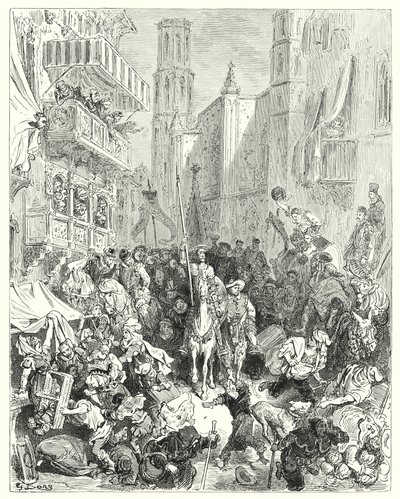 Gustave Doren Don Quijote: "Kiinnittäessään hänet keskelle prikaatiaan he johdattivat hänet kohti kaupunkia" (kaiverrus) tekijältä Gustave Dore