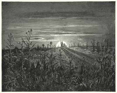 Gustave Doren Don Quijote: "Ystävä Sancho", sanoi Don Quijote, "Luulen, että lähestyvä yö ohittaa meidät ennen kuin pääsemme Tobosoon" (kaiverrus) tekijältä Gustave Dore
