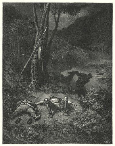 Gustave Doren Don Quijote: "Gines, joka oli vieras sekä kiitollisuudelle että ihmisyydelle, päätti ajaa pois Sanchon perseellä" (kaiverrus) tekijältä Gustave Dore