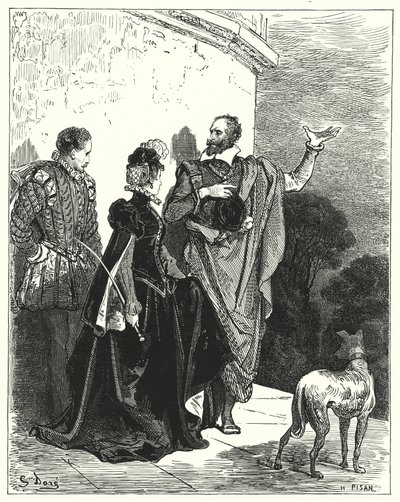 Gustave Doren Don Quijote: "Hän tutustutti herttuaan ja herttuattaren tunteisiinsa ja anoi heidän lupaa lähteä" (kaiverrus) tekijältä Gustave Dore