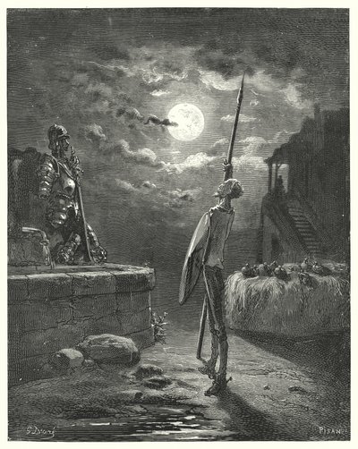Gustave Doren Don Quijote: "Hän alkoi kävellä hevoskaukalon vieressä sirolla käytöksellä" (kaiverrus) tekijältä Gustave Dore