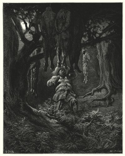 Gustave Doren Don Quijote: "Hän huusi Don Quijotea apua" (kaiverrus) tekijältä Gustave Dore