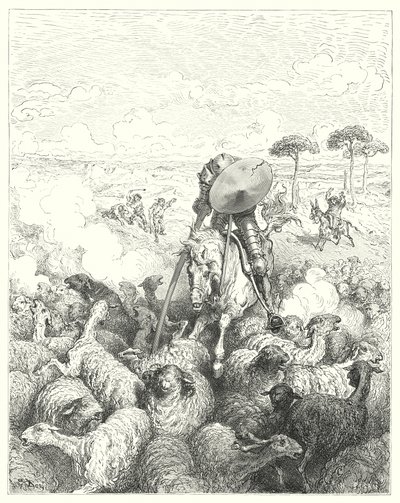 Gustave Doren Don Quijote: "Hän hyökkäsi lammaslentueen" (kaiverrus) tekijältä Gustave Dore