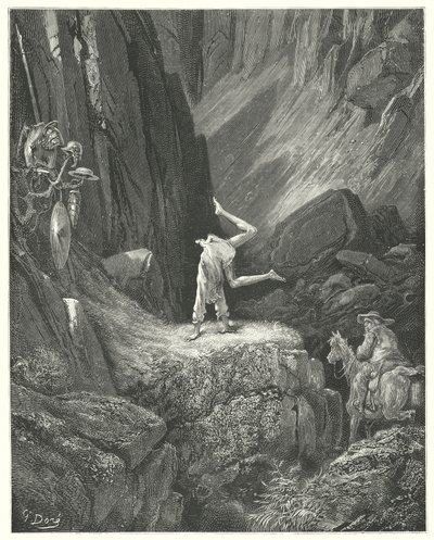 Gustave Doren Don Quijote: "Hän antoi kaksi tai kolme räyhää ilmaan ja sitten nojasi käsiinsä ja nosti kantapäänsä päänsä yli kahdesti yhteen" (kaiverrus) tekijältä Gustave Dore