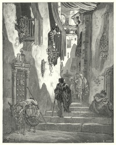 Gustave Doren Don Quijote: "Hän sai minulle joukon rakkauskirjeitä, joista jokainen oli täynnä herkimpiä ilmeitä" (kaiverrus) tekijältä Gustave Dore