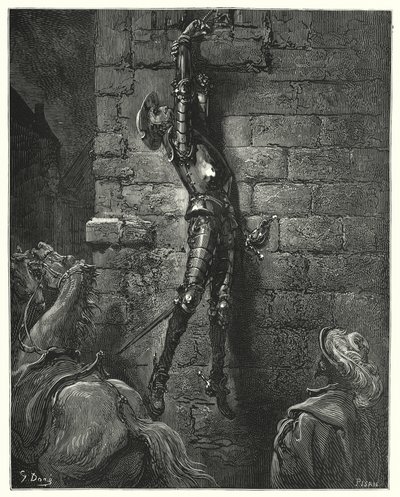 Gustave Doren Don Quijote: "Hän oli väistämättä pudonnut maahan, jos hänen ranteensa ei olisi ollut kunnolla kiinni köyteen" (kaiverrus) tekijältä Gustave Dore