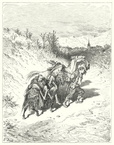 Gustave Doren Don Quijote: "Hän johdatti heidät kaikki kylään ja vaelsi jalkaa itsekseen hyvin mietteliäänä" (kaiverrus) tekijältä Gustave Dore