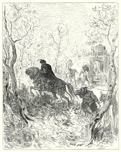 Gustave Doren Don Quijote: "Hän asettui juuri häkin oven eteen" (kaiverrus) tekijältä Gustave Dore