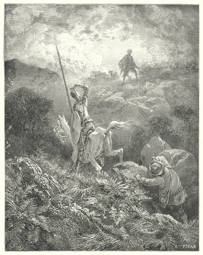 Gustave Doren Don Quijote: "Hän vakoili kivisen kallion huipulla juuri ennen häntä miestä, joka hyppäsi kalliolta kalliolle upealla ketteryydellä" (kaiverrus) tekijältä Gustave Dore