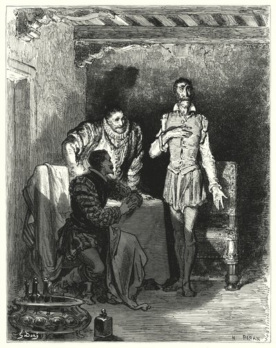 Gustave Doren Don Quijote: "Hän kertoi herroille koko tarinan hänen lumoutumisestaan" (kaiverrus) tekijältä Gustave Dore