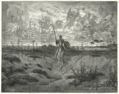 Gustave Doren Don Quijote: "Hän matkusti melkein koko sen päivän" (kaiverrus) tekijältä Gustave Dore