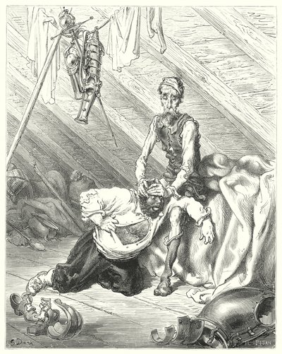 Gustave Doren Don Quijote: "Hän todella uskoi, että hänen viimeisen hetkensä oli tullut" (kaiverrus) tekijältä Gustave Dore