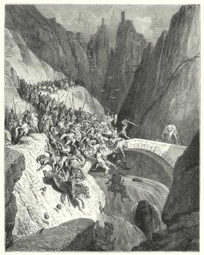 Gustave Doren Don Quijote: "Kuinka Don Diego Garcia puolusti yhdellä voimallaan sillan kulkua suurta armeijaa vastaan" (kaiverrus) tekijältä Gustave Dore