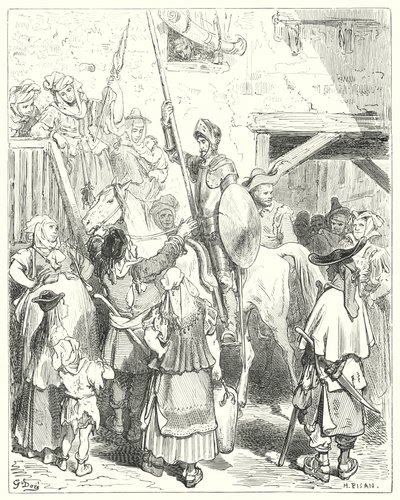 Gustave Doren Don Quijote: "Minulla ei ole mitään tekemistä tämän kaiken kanssa", huudahti majatalon isäntä; "maksa laskusi" (kaiverrus) tekijältä Gustave Dore