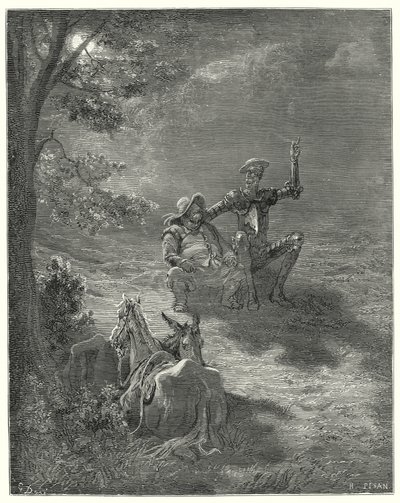 Gustave Doren Don Quijote: "Tällaisissa keskusteluissa he viettivät suuren osan yöstä" (kaiverrus) tekijältä Gustave Dore