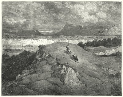 Gustave Doren Don Quijote: "Oli yö ennen kuin kaksi matkustajaamme pääsivät vuoren autioimpaan osaan" (kaiverrus) tekijältä Gustave Dore