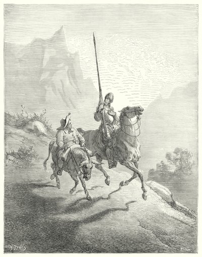 Gustave Doren Don Quijote: "Oli vielä aikainen aamu, jolloin auringonsäteet eivät olleet niin loukkaavia" (kaiverrus) tekijältä Gustave Dore