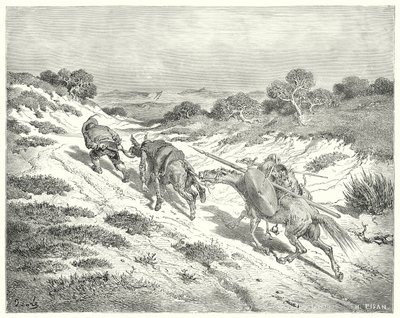 Gustave Doren Don Quijote: "Hän johti persettä riimusta ja meni lähimpään arvaamaansa tietä korkealle tielle" (kaiverrus) tekijältä Gustave Dore