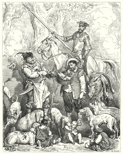 Gustave Doren Don Quijote: "Tee vaihto pysyäksesi vatsassasi, kunnes illallinen on valmis" (kaiverrus) tekijältä Gustave Dore