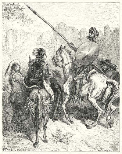 Gustave Doren Don Quijote: "Nyt, rouva", sanoi Don Quijote, "anna minun pyytää suuruuttanne kertomaan minulle, mihin suuntaan meidän on mentävä palvellaksemme sinua" (kaiverrus) tekijältä Gustave Dore