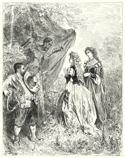 Gustave Doren Don Quijote: "Nyt, herra, jos teillä on varaa tarjota meille yrityksesi, olette erittäin tervetulleita" (kaiverrus) tekijältä Gustave Dore