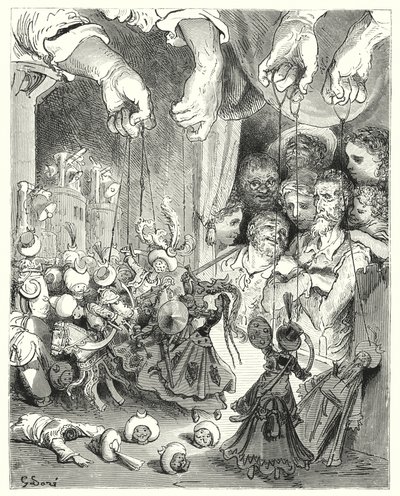 Gustave Doren Don Quijote: "Katso, kuinka suuri joukko kimaltelevia hevosia tulee ulos kaupungista jahtaamaan kristittyjä rakastajia" (kaiverrus) tekijältä Gustave Dore