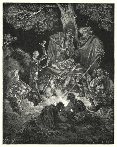 Gustave Doren Don Quijote: "Voi, onnellinen ikä", huudahti hän, "jota ensimmäiset vanhempamme kutsuivat kultakaudeksi!" (kaiverrus) tekijältä Gustave Dore