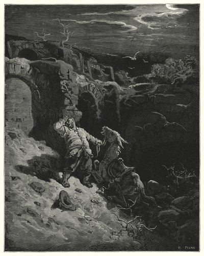 Gustave Doren Don Quijote: ""Voi, rakas kumppanini ja ystäväni", hän sanoi perseelleen, "kuinka huonosti olen ansainnut uskollisen palveluksesi!" (kaiverrus) tekijältä Gustave Dore