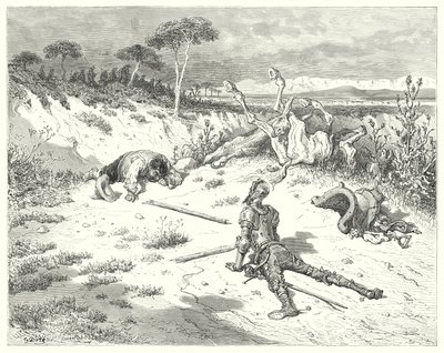 Gustave Doren Don Quijote: "Sancho, olen aina kuullut sanottavan, että ystävällisyyden tekeminen klovneille on kuin heittäisi vettä mereen" (kaiverrus) tekijältä Gustave Dore