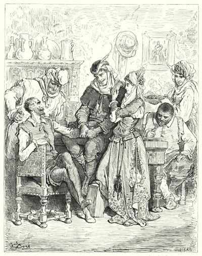 Gustave Doren Don Quijote: "Sancho ja hänen isäntänsä viipyivät kolme päivää nuoren parin luona, ja he viihdyttivät kuin prinssit" (kaiverrus) tekijältä Gustave Dore
