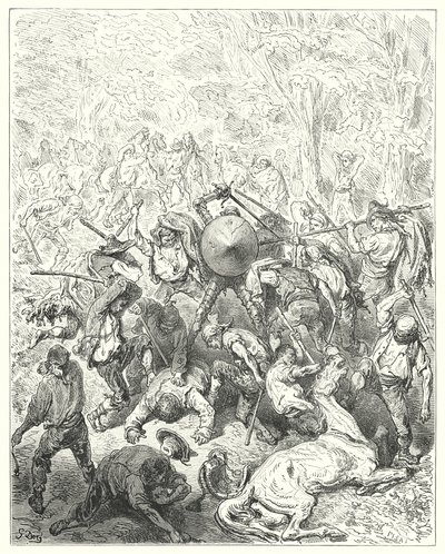 Gustave Doren Don Quijote: "Yanguesilaiset tarttuivat vipuihinsa ja keulapuikkoihinsa" (kaiverrus) tekijältä Gustave Dore