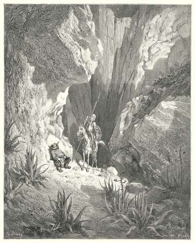 Gustave Doren Don Quijote: "Ensimmäinen asia, jonka hän löysi, oli sonetin karkea luonnos; joten hän luki sen ääneen" (kaiverrus) tekijältä Gustave Dore