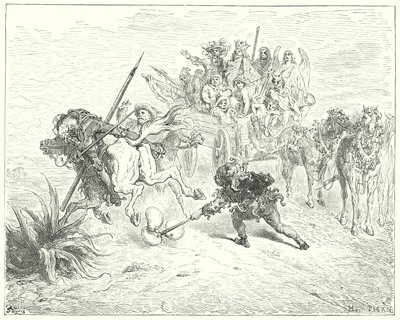 Gustave Doren Don Quijote: "Näytelmän hölmö tuli räyhäämään morrice-kelloillaan" (kaiverrus) tekijältä Gustave Dore