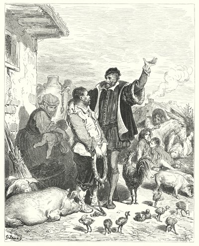 Gustave Doren Don Quijote: "Ritari antoi hänelle niin monta oikeudenmukaista lupausta, että vihdoin typerä klovni suostui lähtemään hänen kanssaan ja ryhtymään hänen orjaansa" (kaiverrus) tekijältä Gustave Dore