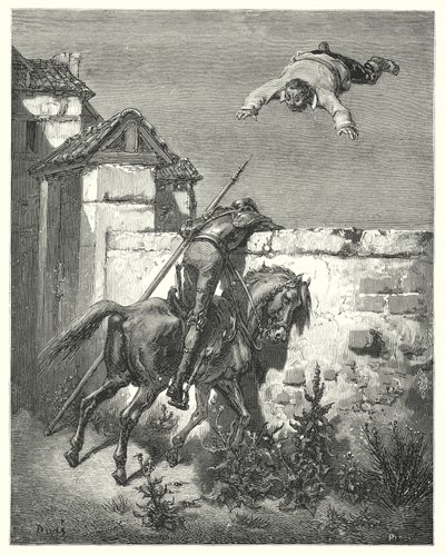 Gustave Doren Don Quijote: "Mitä enemmän hän myrskytti, sitä enemmän he heittelivät ja nauroivat" (kaiverrus) tekijältä Gustave Dore