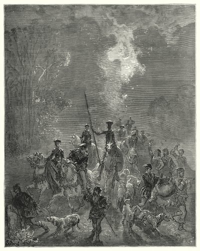 Gustave Doren Don Quijote: "Aamu alkoi levittää hymyileviä katseitaan taivaan itäisellä neljänneksellä" (kaiverrus) tekijältä Gustave Dore