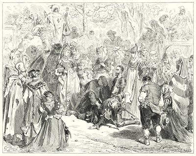 Gustave Doren Don Quijote: "Neitsyt köyhä, vapisten ja tyrmistyneenä sanaakaan puhumatta, tuli köyhän Basilin luo" (kaiverrus) tekijältä Gustave Dore