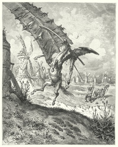 Gustave Doren Don Quijote: "Purje heitti pois sekä ritarin että hevosen mukanaan" (kaiverrus) tekijältä Gustave Dore