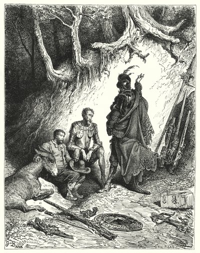 Gustave Doren Don Quijote: "Squires lähti Don Quijotesta, Roquesta ja Sanchosta odottamaan paluutaan" (kaiverrus) tekijältä Gustave Dore
