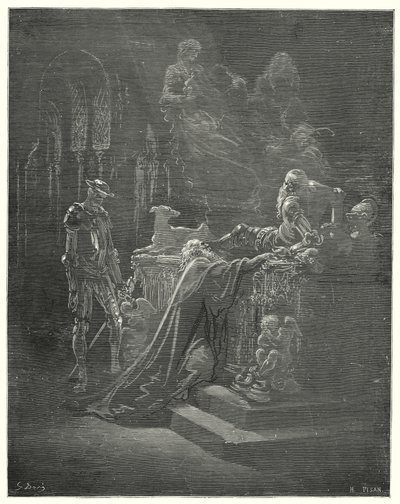 Gustave Doren Don Quijote: "Kunnianarvoisa Montesinos kaatui polvilleen kärsineen ritarin edessä" (kaiverrus) tekijältä Gustave Dore