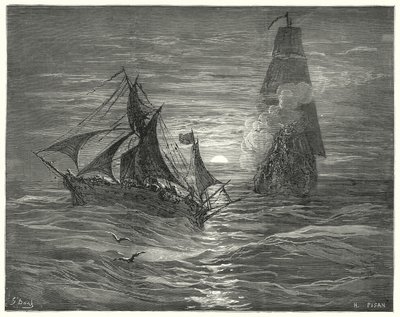 Gustave Doren Don Quijote: "He olivat tuulen alla ja ampuivat meitä kahdella aseella" (kaiverrus) tekijältä Gustave Dore