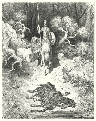 Gustave Doren Don Quijote: "He tulivat puistoon, josta he löysivät muulin makaavan kuolleena" (kaiverrus) tekijältä Gustave Dore