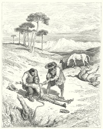 Gustave Doren Don Quijote: "He havaitsivat, että hänen silmänsä olivat kiinni, ikään kuin hän olisi nukkunut syvässä unessa" (kaiverrus) tekijältä Gustave Dore