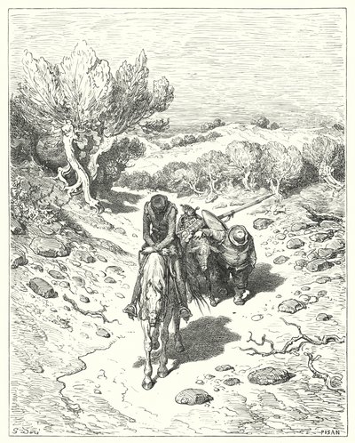 Gustave Doren Don Quijote: "He kulkivat sinä päivänä ja neljä muuta sen jälkeen sellaisessa keskustelussa" (kaiverrus) tekijältä Gustave Dore
