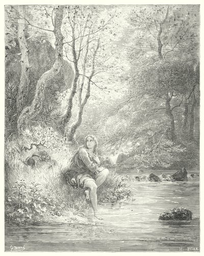 Gustave Doren Don Quijote: "He vakoilivat nuorta maalaistapauksessa istumassa kiven juurella tuhkapuun takana" (kaiverrus) tekijältä Gustave Dore