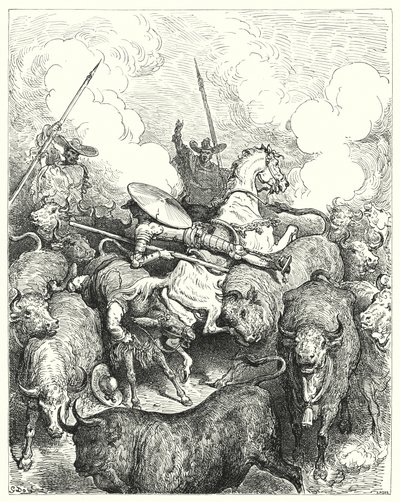 Gustave Doren Don Quijote: "He tallasivat heidät jalkojen alle armottomasti" (kaiverrus) tekijältä Gustave Dore