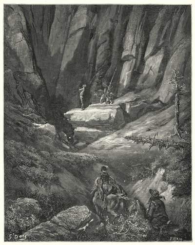 Gustave Doren Don Quijote: "He kulkivat noin kolme neljäsosaa liigasta, ja sitten kivien seassa he vakoivat Don Quijotea, joka oli tähän mennessä pukeutunut ylleen, vaikka ei haarniskaansa" (kaiverrus) tekijältä Gustave Dore