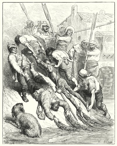 Gustave Doren Don Quijote: "He molemmat vedettiin maihin, enemmän ylimäräisinä kuin janoisina" (kaiverrus) tekijältä Gustave Dore