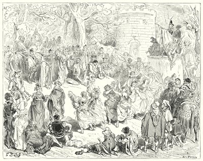 Gustave Doren Don Quijote: "Heidät johdattivat kunnioitettava vanha mies ja emäntänainen" (kaiverrus) tekijältä Gustave Dore